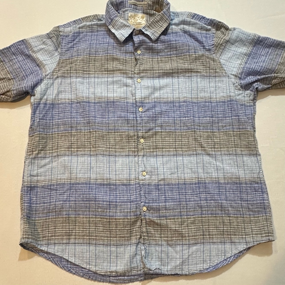 Tasso Elba Island Linen Blend Blue Striped Button Up Shirt Size XXL